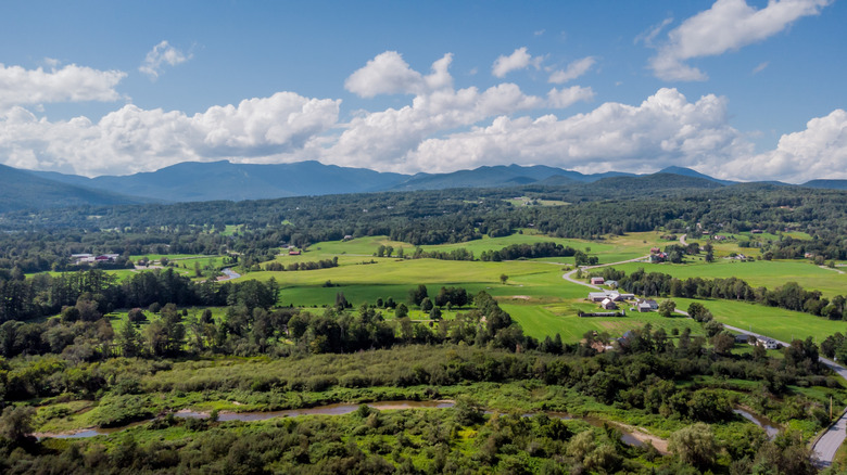 Aerial view of farmlands and roads in Stowe, Vermont