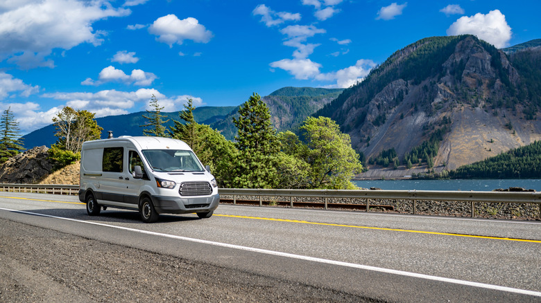 Cargo van driving along the Columbia River Highway in Oregon