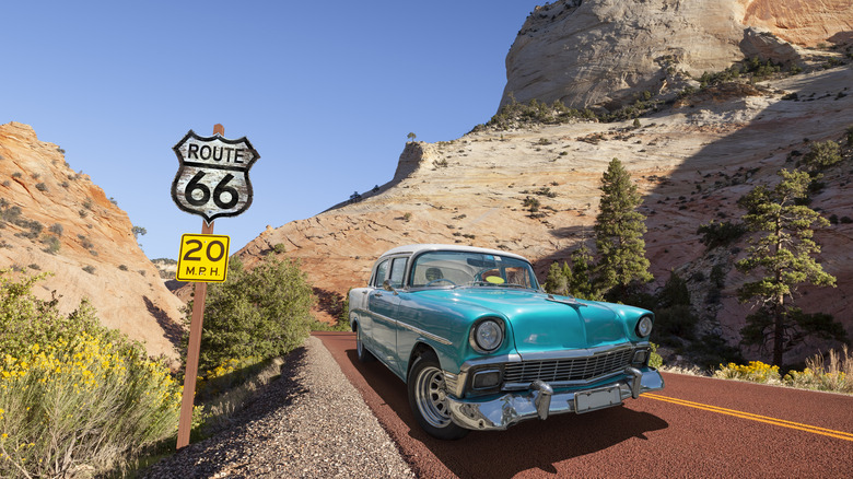 Classic car driving on Route 66