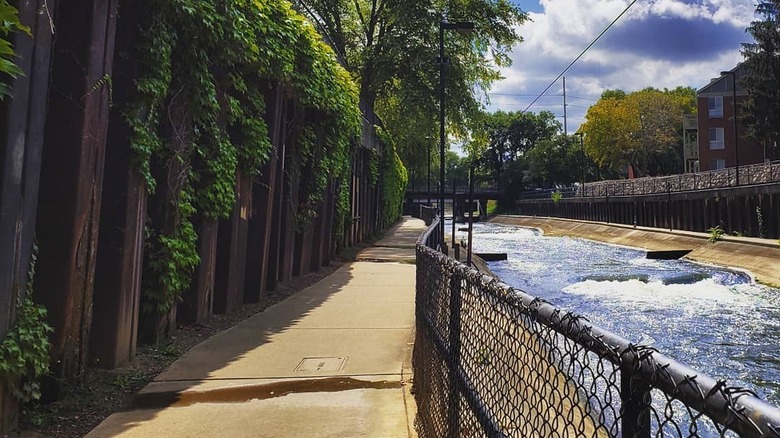 A vertical view of a the East Bank trail that walks along the edge of the East Race Waterway