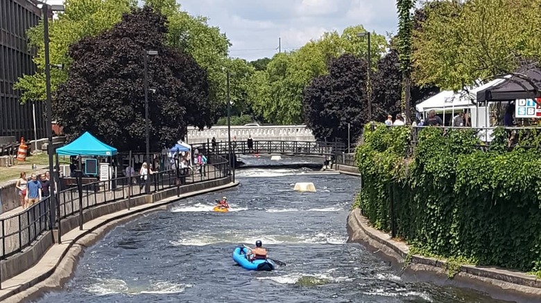 Two rafters make their way down the East Race waterway