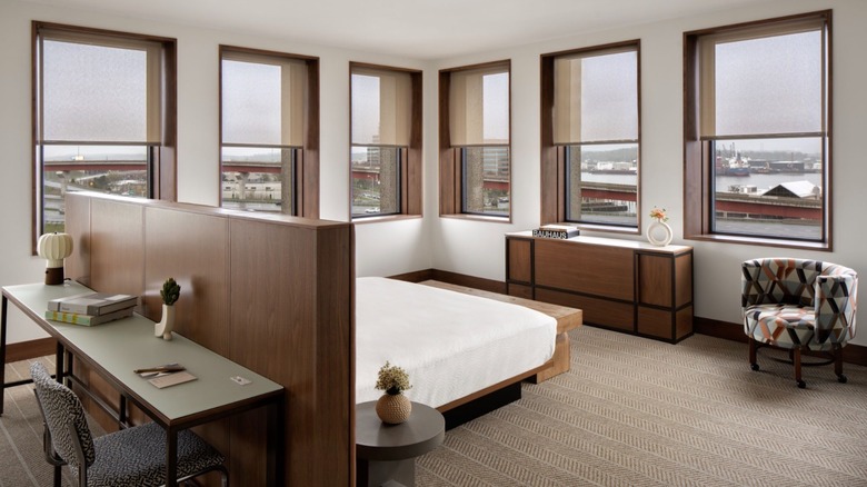 Interior view of one of Hotel Marcel's spacious suites, which has panoramic views of the waterfront in New Haven, Connecticut