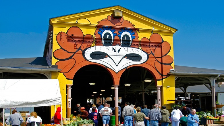 Chicken street art on the facade of Detroit, Michigan's Eastern Market