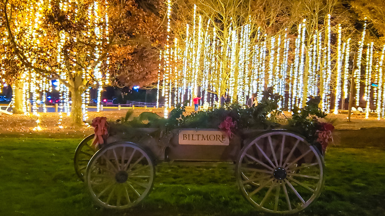 Christmas lights on trees behind a decorated Biltmore Estate wagon