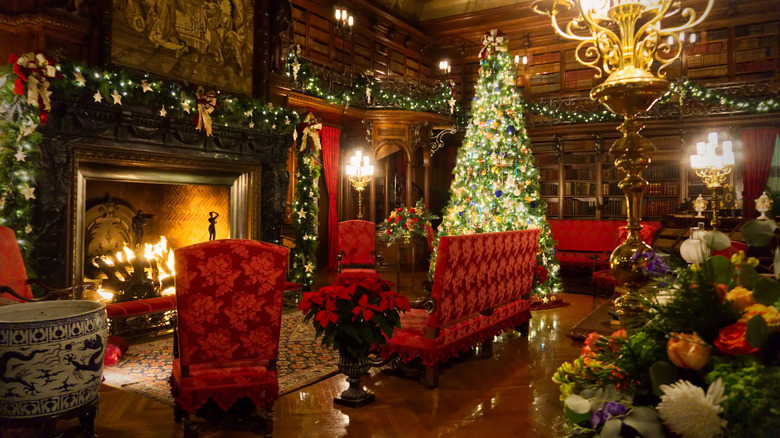 Lit-up Christmas decorations inside North Carolina's Biltmore Estate