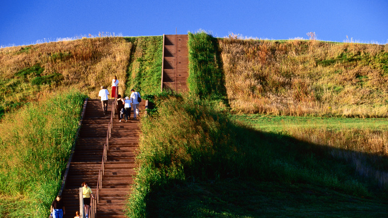 Visitors climbing Cahokia Mounds State Historic Site staircase