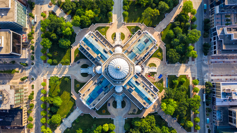 An aerial view of the Capitol Square in Madison, Wisconsin