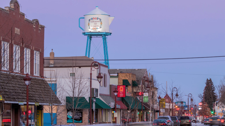 Downtown Lindstrom, Minnesota, with red brick buildings and the coffee pot water tower