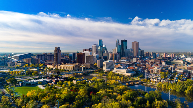 An aerial view of an urban center