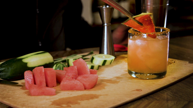 Fruit being put into a margarita on the Santa Fe Margarita Trail