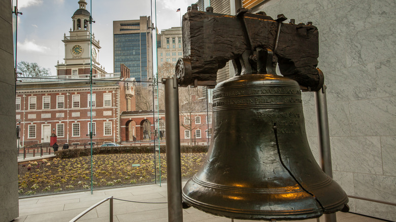 The liberty bell and Independence Hall, close to the Walnut Street Theatre