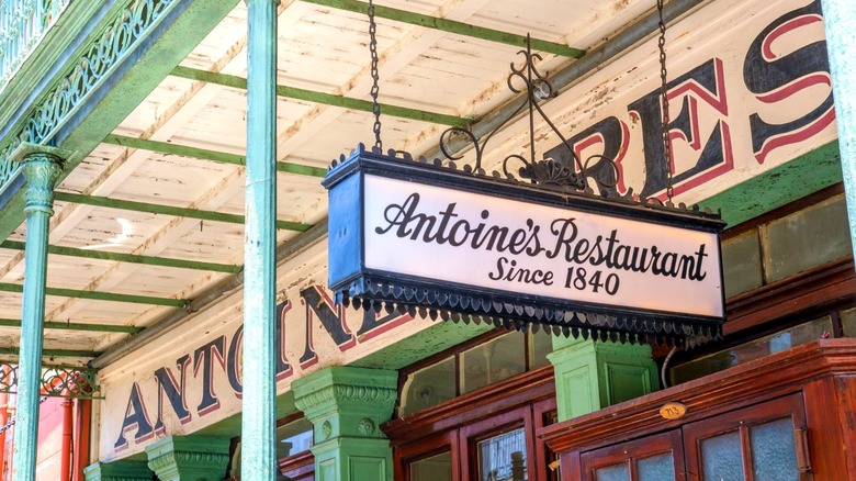 Old fashioned sign Antoine's restaurant in New Orleans