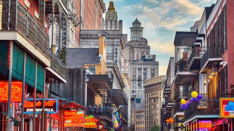 Neon lights along Bourbon Street in New Orleans