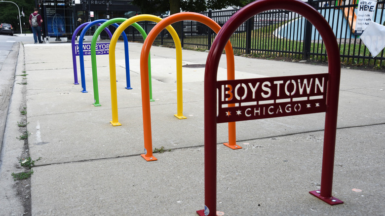 Rainbow bike rack with the name "Boystown Chicago"