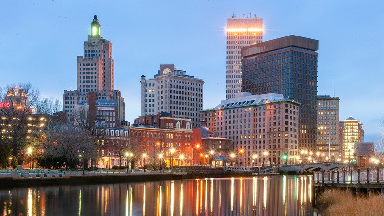 Downtown Providence, Rhode Island, lit up at dusk