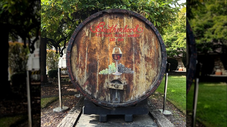 Brotherhood wine barrel on display outdoors