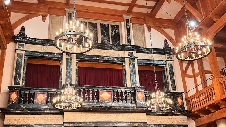 A closeup of the chandeliers and upper level of the Blackfriars Playhouse in Staunton, Virginia