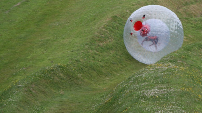 A man zorbing downhill