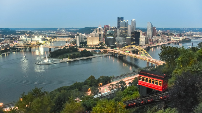 View of Pittsburgh skyline and cable car from Mt. Washington