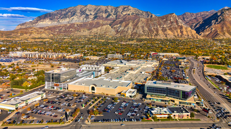 Aerial view of the Orem mall and the Watsach mountains in the backgroun