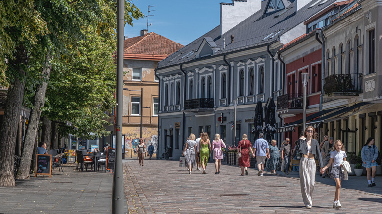 People strolling along Laisvès Avenue, Kaunas' pedestrian street.