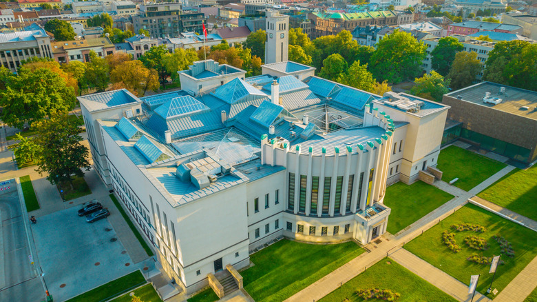 Aerial shot of the National M.K. Čiurlionis Art Museum.