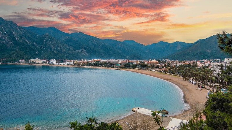 A sunset view of a wide bay in Marmaris, Turkey