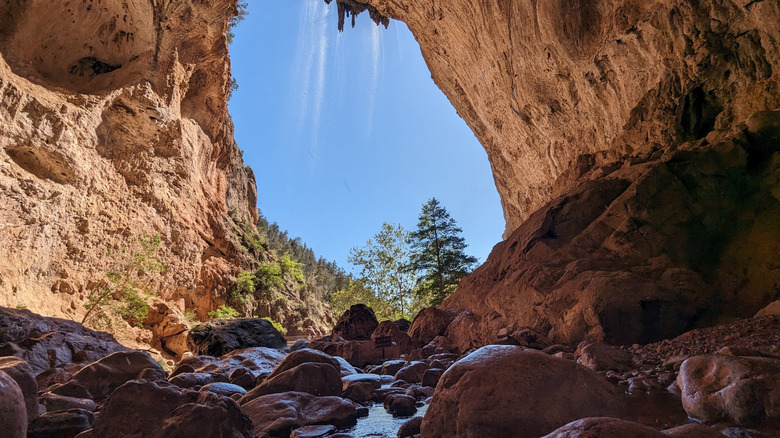 View of the Tonto Natural Bridge with small waterfall in Arizona