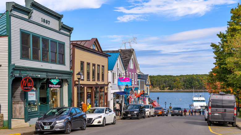 View of the main street in Bar Harbor, Maine, leading to a bay