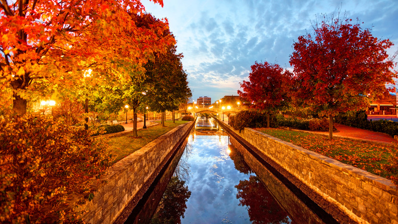 Fall foliage on either side of a small waterway in Frederick, Maryland