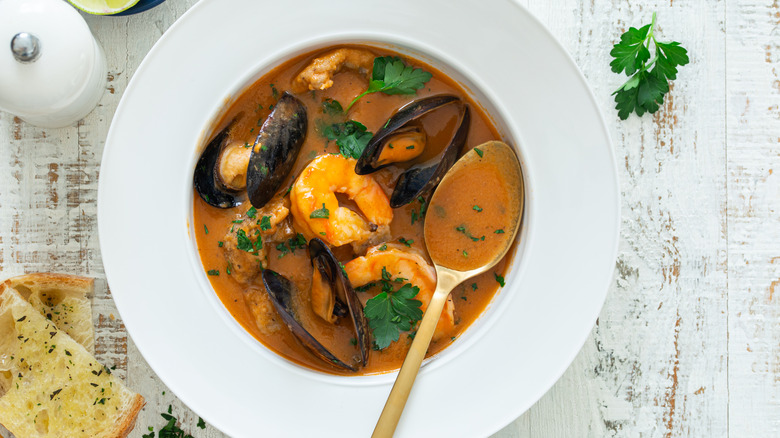 Bouillabaisse fish soup with prawns and mussels