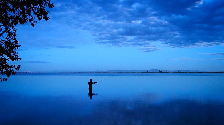 A man fishing at Lake Walcott at Dusk