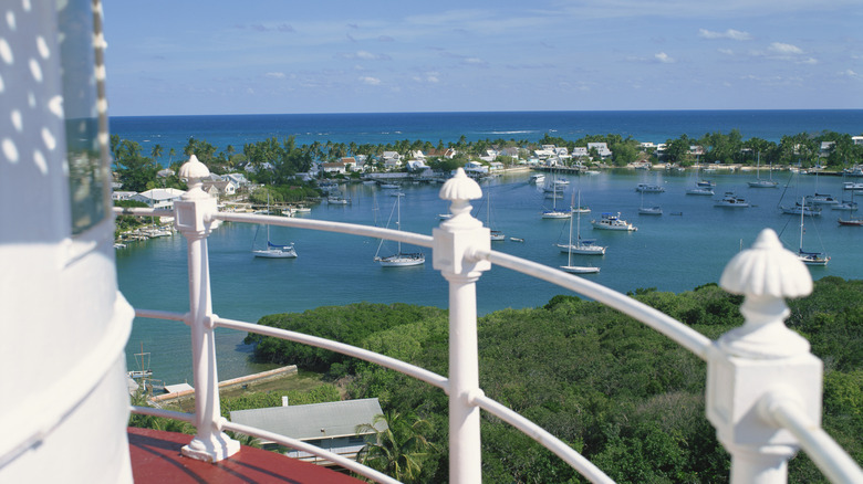 The view of Hope Town Harbour from atop the Elbow Reef Lighthouse