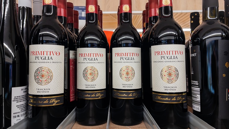 Bottles of Primitivo wine, a well-known variety made in Puglia, Italy