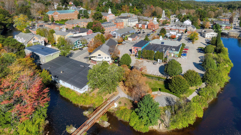 Aerial view of the buildings and town of Peterborough, New Hampshire