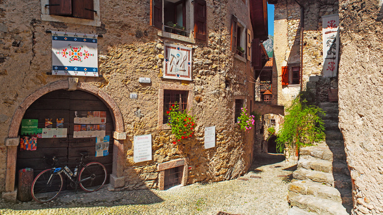 View of a stone building in Canale di Tenno, a medieval village in northern Italy