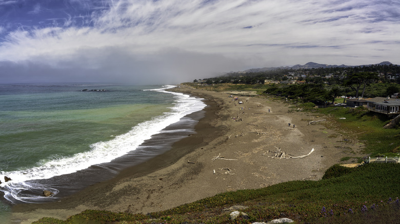 Turquoise water by the sandy Moonstone Beach in Cambria, Callifornia