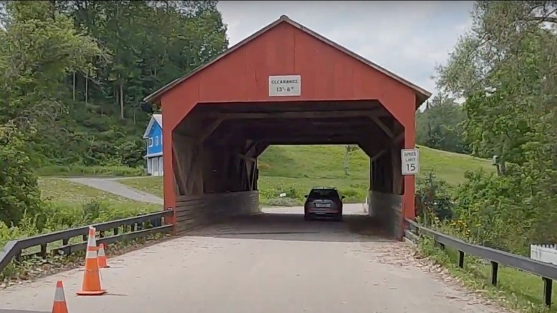 Red covered bridge in East Corinth during "Beetlejuice Beetlejuice" filming