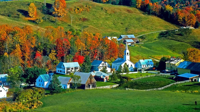 Buildings and green hills in East Corinth, Vermont