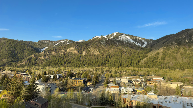 Aerial view of Ketchum, Idaho, in the summer with Bald Mountain in backdrop