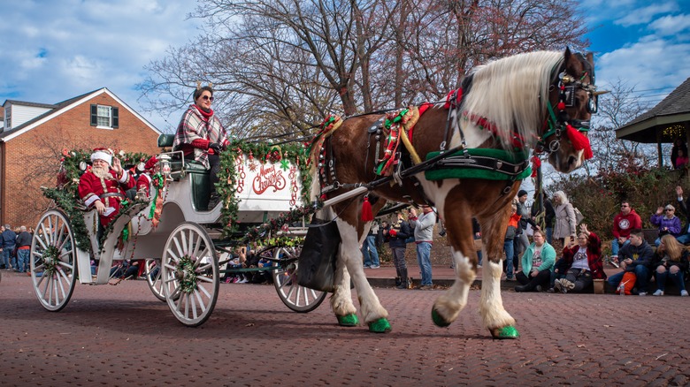 Horse-drawn sleigh pulling Santa in St. Charles, Missouri