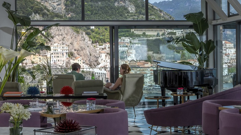 View of the interior of the Donna Emma La Cucina restaurant at Hotel Miramalfi on the Amalfi Coast in Italy