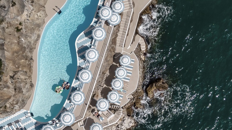 Aerial view of the beach club at Hotel Miramalfi, on the Amalfi Coast in Italy