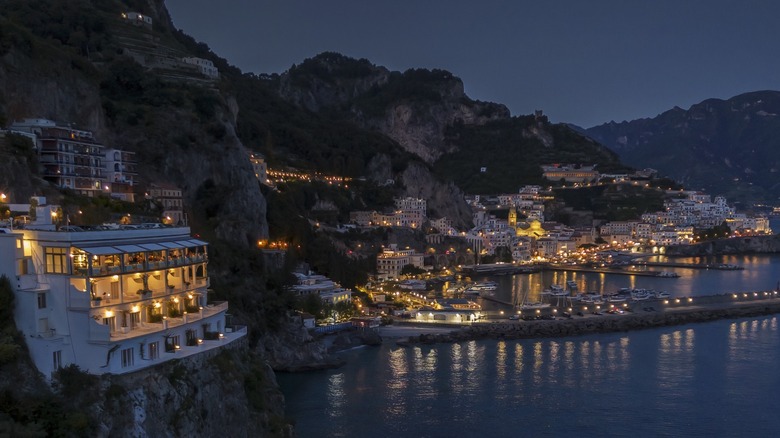 View of the Amalfi Coast in Italy at night from one of the terraces at Hotel Miramalfi