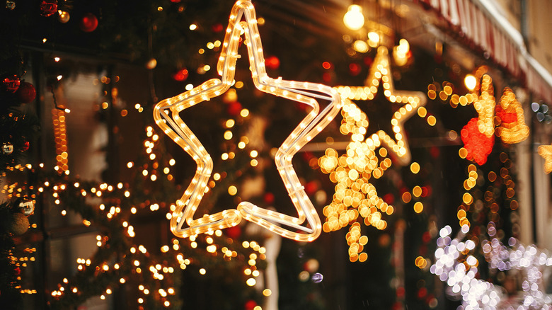 Magical Christmas lights hanging from a building