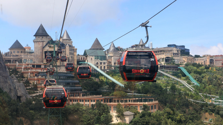 Cable cars approaching a European-style mountain, Da Nang, Vietnam