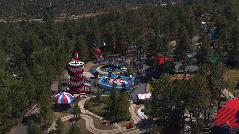 An aerial view of some of the rides at The North Pole, Cascade, Colorado