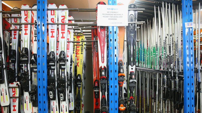 Rental skis and poles at a store