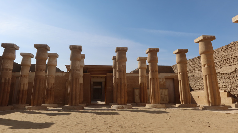 Columns at the entrance to an ancient tomb in Saqqara, Egypt