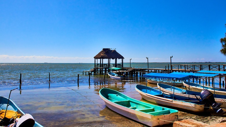 colorful fishing boats on the water in Campeche